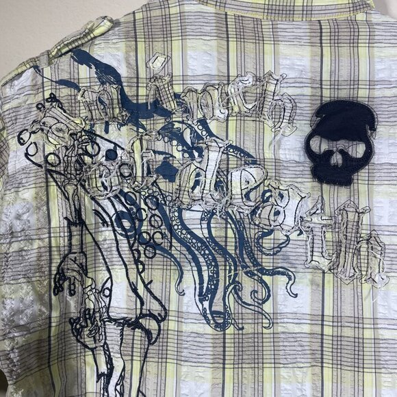 Artful Dodger Men's SS Yellow Gray Plaid Skull Print Button-up Shirt XL! - Picture 5 of 6
